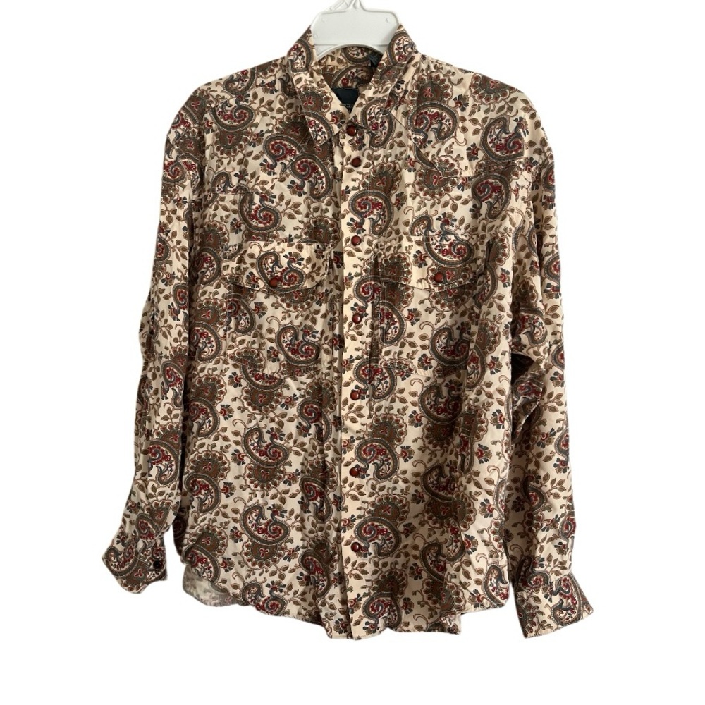 Liz Wear Paisley Print Long Sleeved Blouse Snap Buttons 2 Breast Pockets.